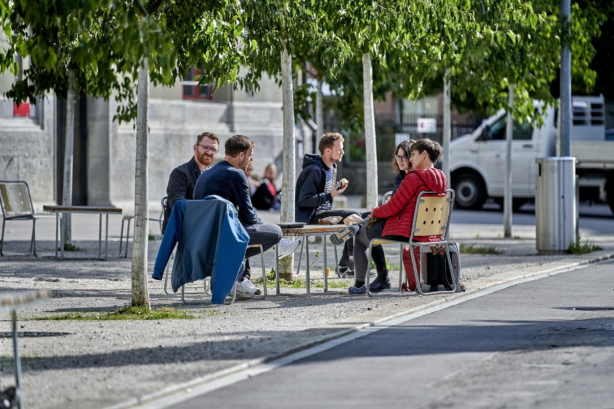 eine Gruppe Studierender beim diskutieren unter Bäumen