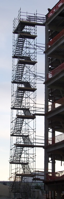 A tall scaffolding stair case